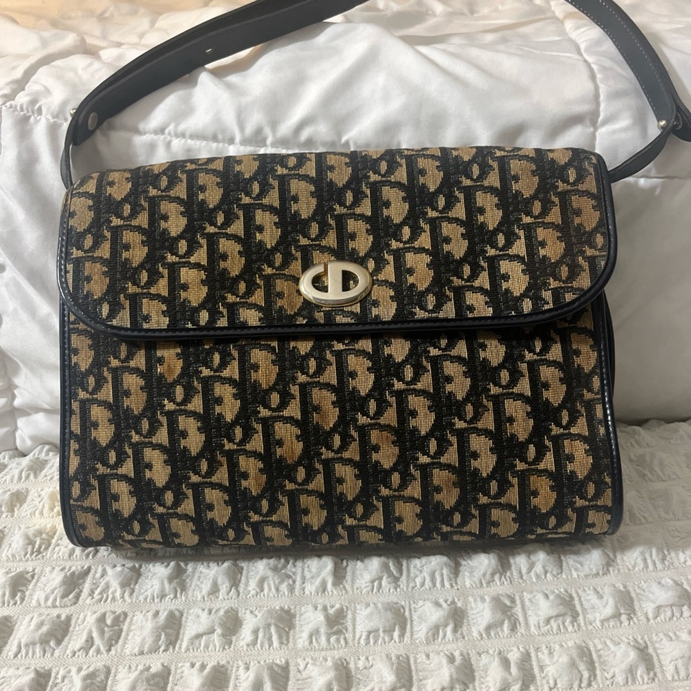 Authentic Vintage Dior Blue and Tan Monogram Shoulder Bag